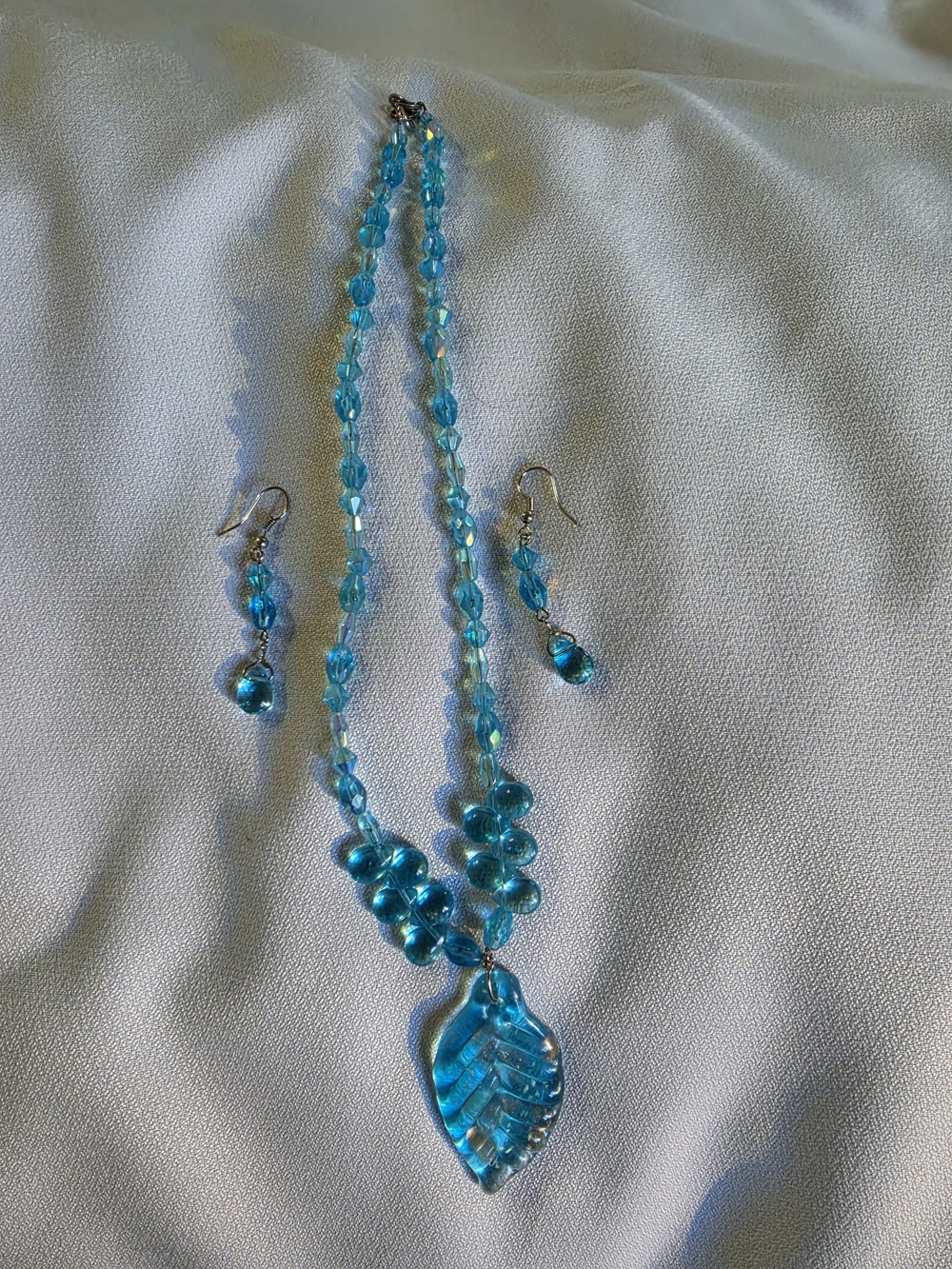Blue Glass Leaf Pendant Necklace and Earrings Set - Women Jewelry